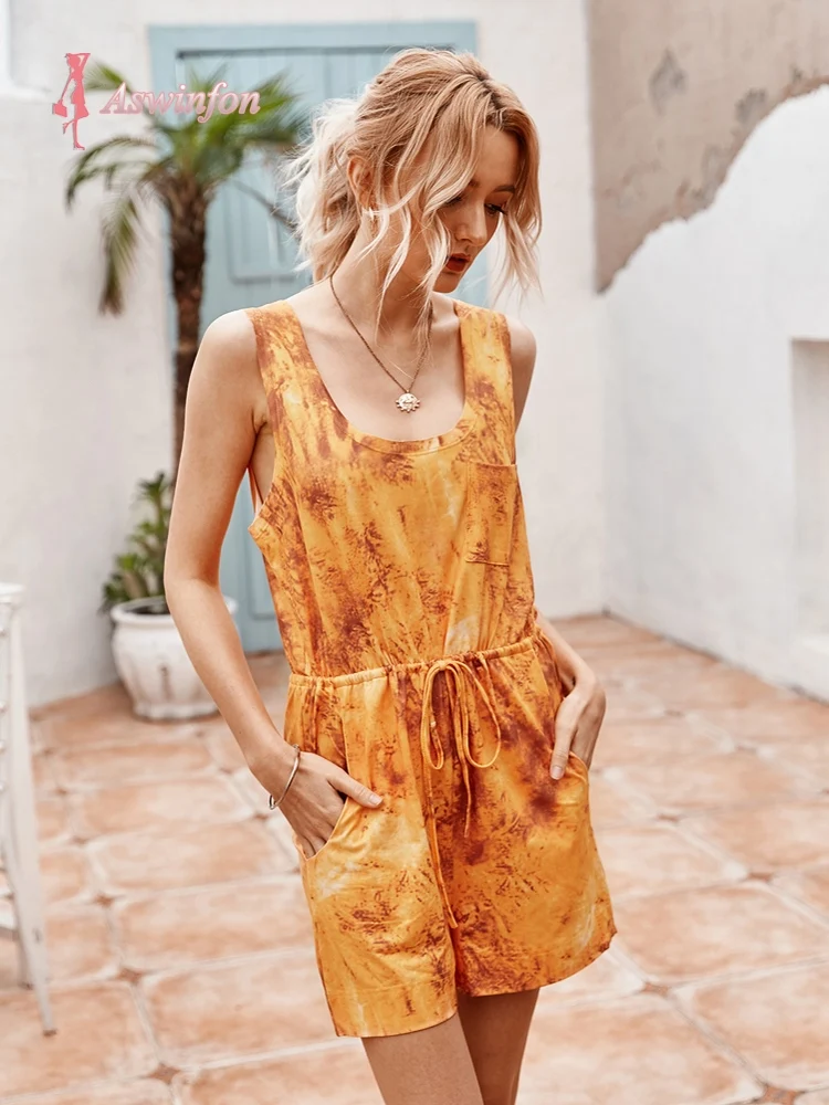 Женский комбинезон с карманами Aswinfon летний шортами повседневный 2020|Комбинезоны c