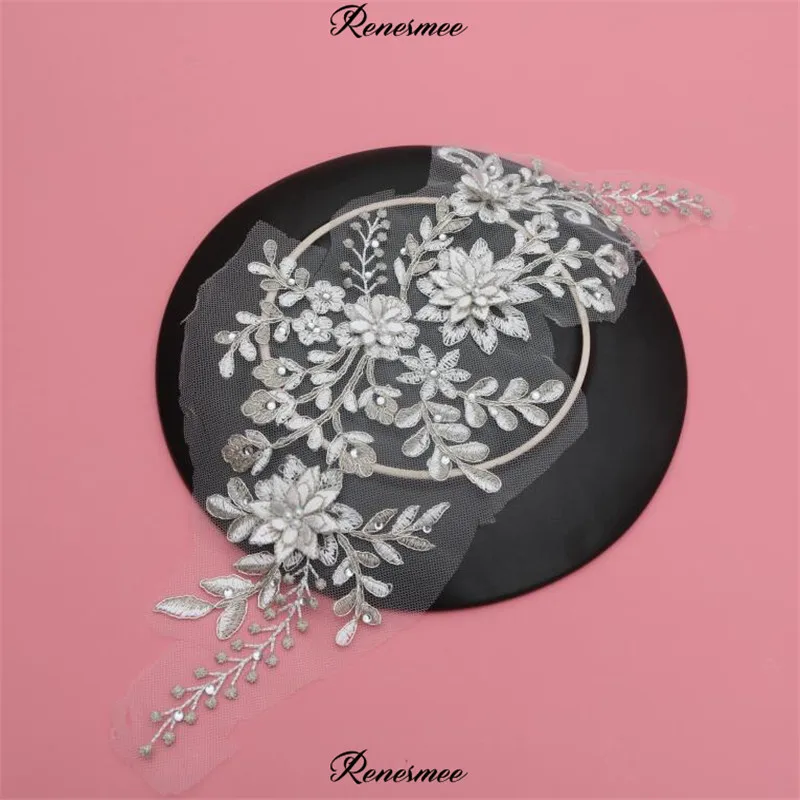 1Pc Silver Cording Ivory Beads Lace Flower Applique Bride Wedding Dress DIY Tiara Veil Accessories Patch 35X14cm SX453 | Дом и сад