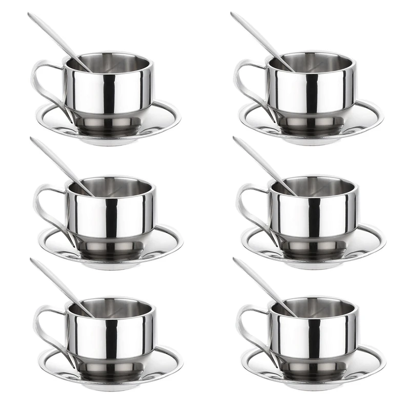 6 Set kahve fincanı fincan tabağı ve kaşık seti, paslanmaz çelik çift duvarlı kupa Latte Cappuccino çay fincanları 125Ml/4.2 Oz