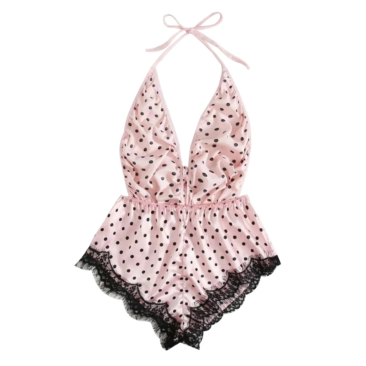 

Sexy Backless Polka Dot Pink Halter Bodysuits Women Sweet Cute Lace Up Lace Patchwork Babydoll Lingerie Rompers Sleepwear