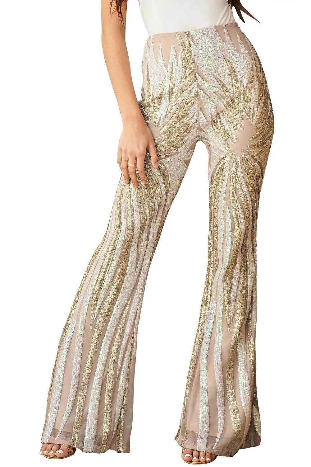 apricot LIVA GIRL блестящие черные/абрикосовые женские брюки с блестками с высокой талией, женские расклешенные брюки с блестками для танцевальной вечеринки, широкие длинные штаны, S-XL - Цвет: apricot