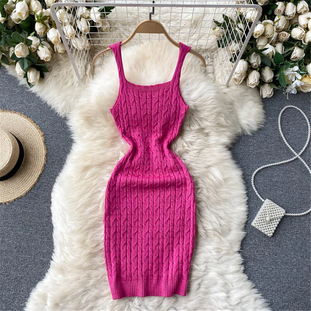 

Women Knitted Summer Slim Dress 2021 Sleeveless Skinny Sexy Vintage Sling Dresses Fashion Casual Sundress Female Clothing Atopos