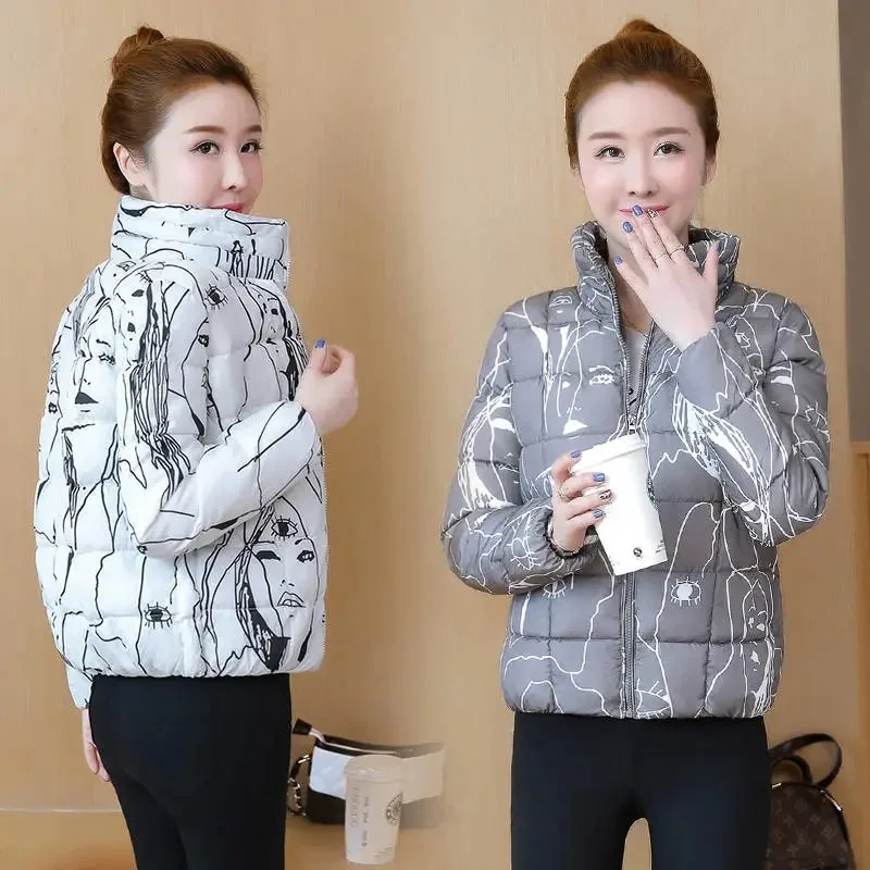 

Printing Cotton Padded Cropped Jacket Winter Stand Collar Zipper Short Parka Women Slim Thicken Warm Fashion Casual Quilted Coat