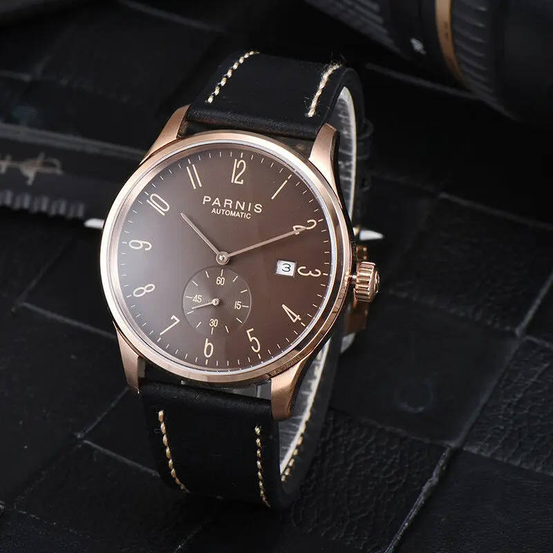 

Men's Watch 42mm PARNIS Arabic Numeral Brown Dial Rose Gold Case Date Window ST1731 Automatic Men's Watch
