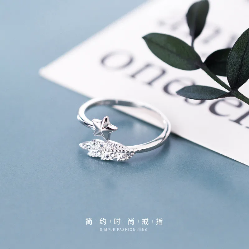 WANTME Cute Opening Adjustable Feather Pentagram Star Rings for Women Real 100% 925 Sterling Silver Minimalist Jewelry Accessory | Украшения