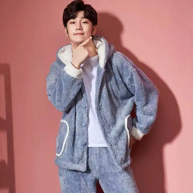 Winter Pajama Set Men's Flannel Thicken Warm Sleepwear L-3XL Pyjamas Long Sleeve Trousers Plus Size Loose Nightgown Male