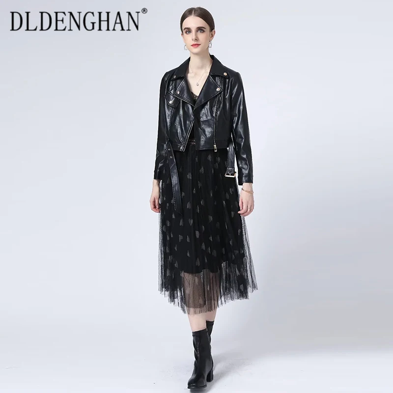 

DLDENGHAN Fashion Designer Autumn Suit Women Long Sleeve Sashes PU Jacket + Mesh Pleated Skirt Two Piece Set