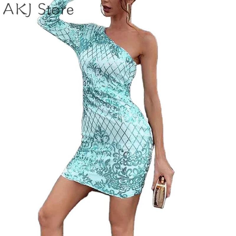 

Women Sexy One Shoulder Long Sleeve Sequins Open Back Slim Fit Mini Dress