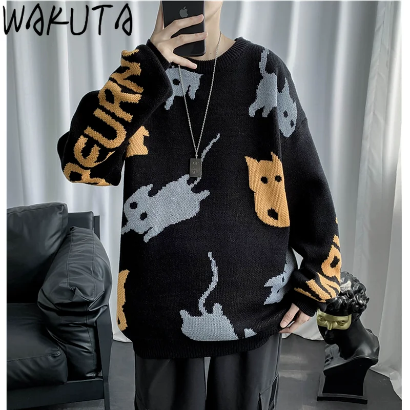 WAKUTA Japanese Vintage Cats Sweaters Harajuku Fashion Oversized Long Sleeve Yellow Black O Neck Pullover Chic Knit Cartoon Tops | Женская