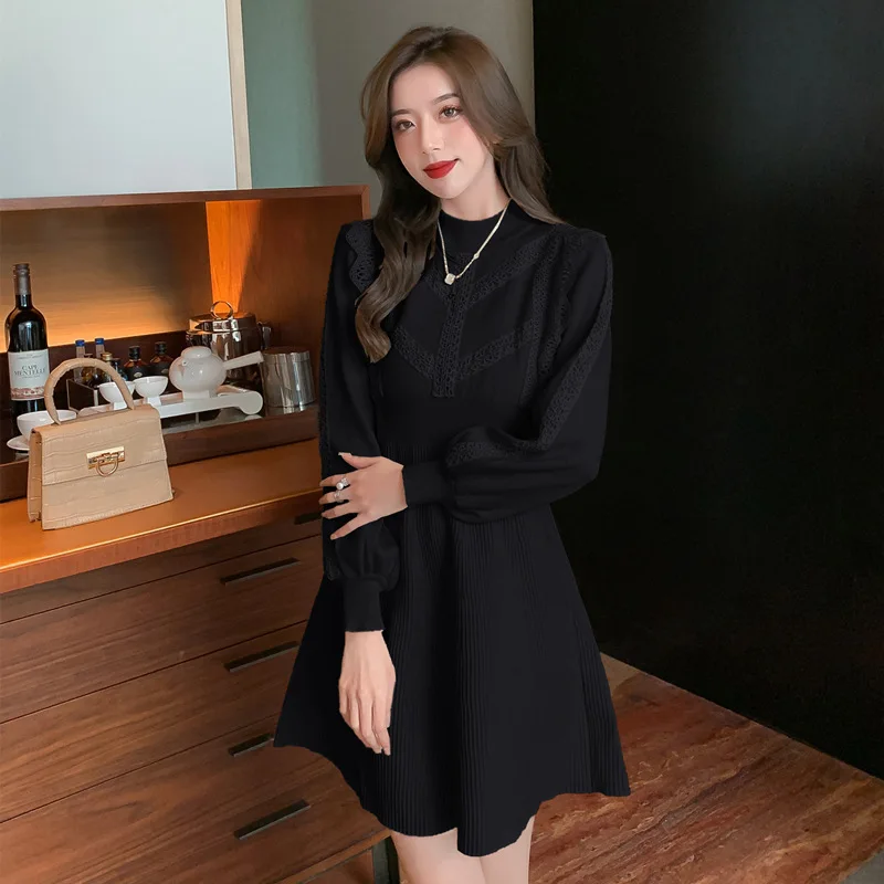 Фото Autumn Winter Slim Waist Lantern Long Sleeve Elegant Women's Dress Lace Patchwork Knitted Mini Dresses Vestidos платье женское №3