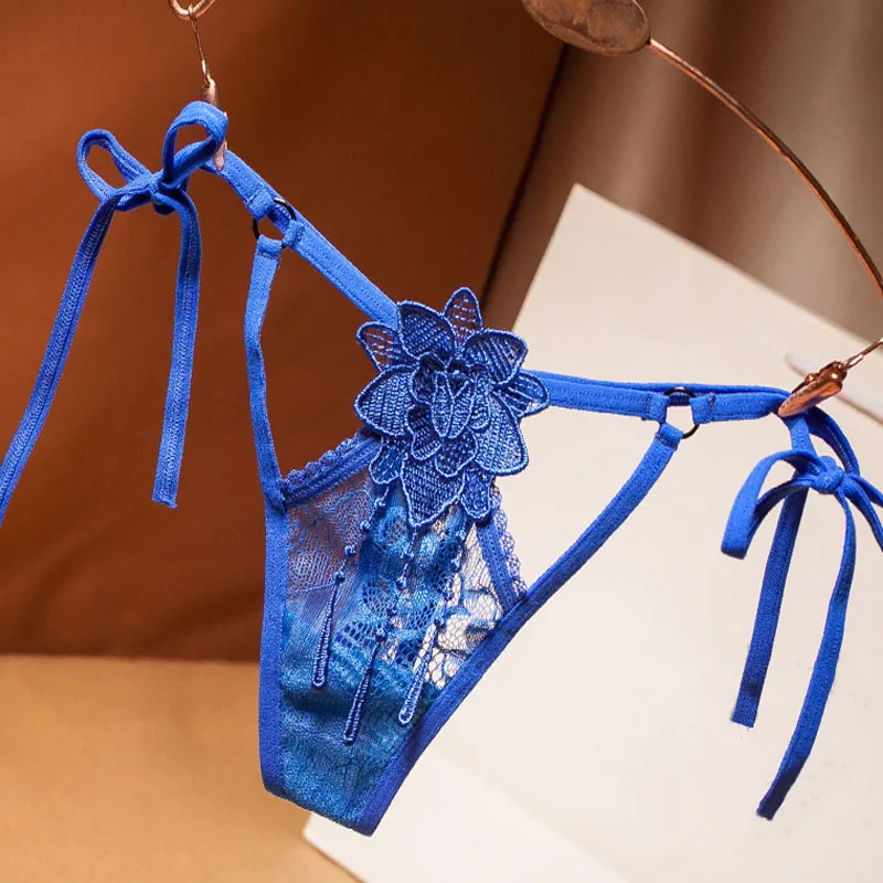 royal blue Женские Модные кружевные сексуальные бесшовные трусики ультра-тонкий галстук полоса из треугольника женские трусы большого размера с низкой посадкой стринги - Цвет: royal blue