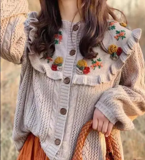 Женский шерстяной кардиган с цветочной вышивкой свободный трикотажный в стиле