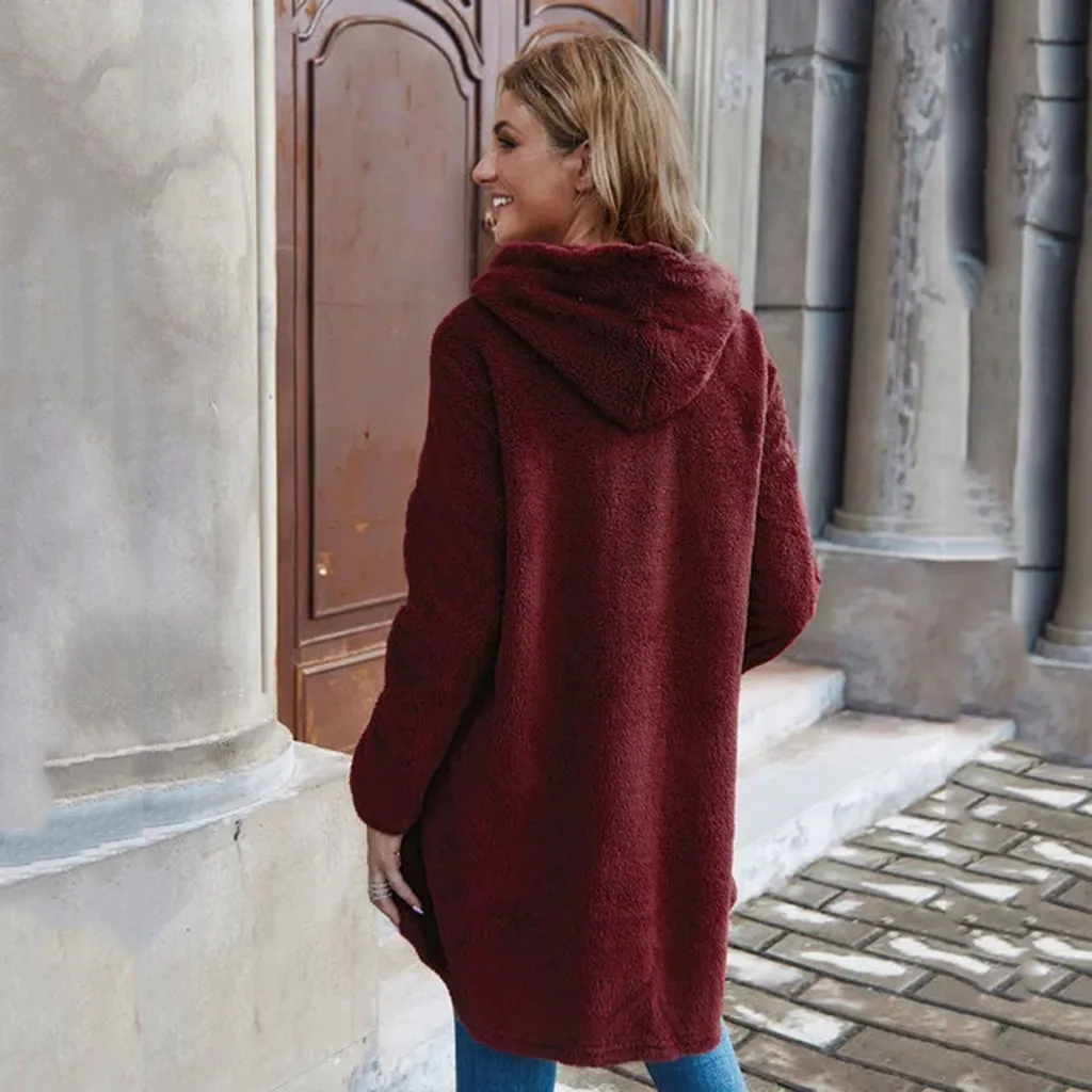 

Casual warm plus size button hooded plush solid color long coat Women Plus Size Button Plush Tops Hooded Loose Cardigan