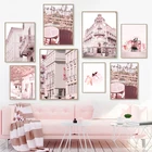 Картина на холсте розовое здание, настенный постер с изображением пейзажа, цветов в скандинавском стиле, Современный домашний декор для гостиной