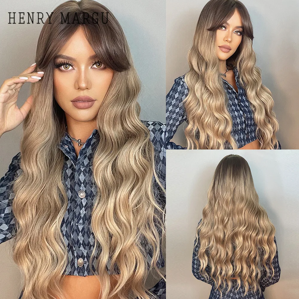 

HENRY MARGU Brown Blonde Ombre Wig with Bangs Long Wavy Synthetic Wigs for Black Women Heat Resistant Cosplay Natural Hair Wigs