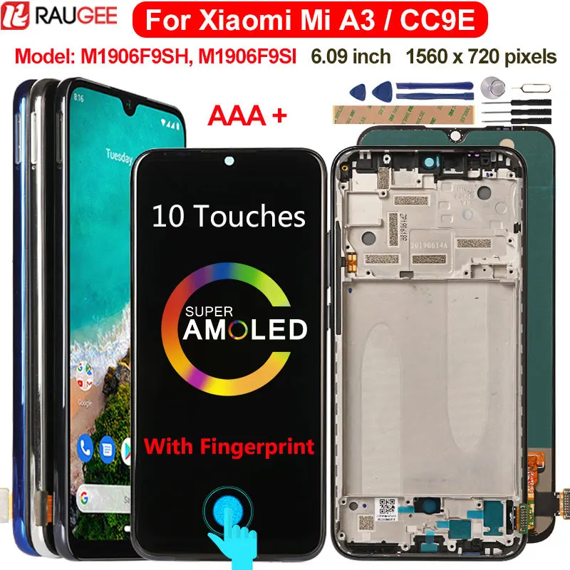 ЖК дисплей Amoled для Xiaomi Mi A3 сенсорный экран с отпечатком пальца CC9E сменный