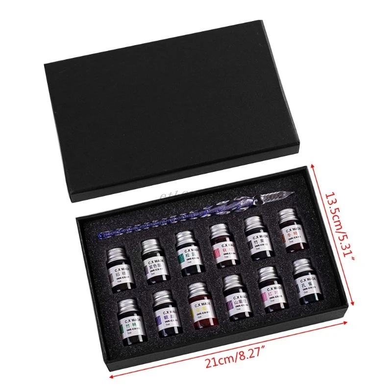 

12 Colors Glass Pen Ink With 1Pc Blue Fountain Dip Writing Signature Pen Art Supplies Gifts