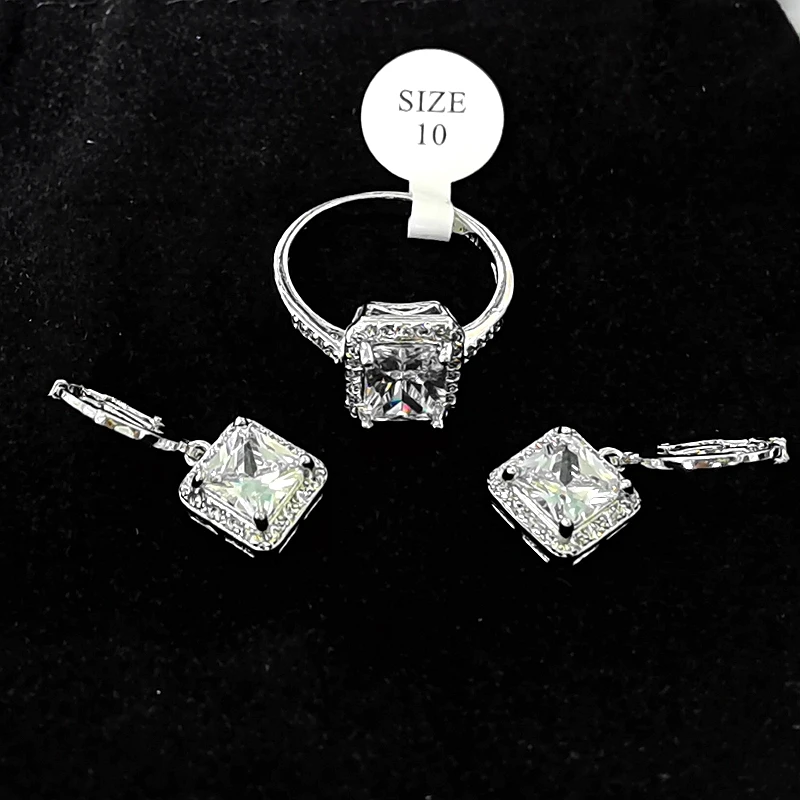

Square Shape White Cubic Zirconia Classic Simple Fashion Wedding Jewelry Sets for Women Fine Dangle Earrings Silver Color Rings