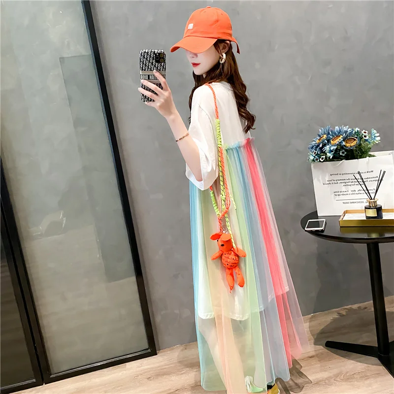 

2021 new summer mid-length rainbow mesh stitching short-sleeved t-shirt women Colored mesh stitching T-shirt
