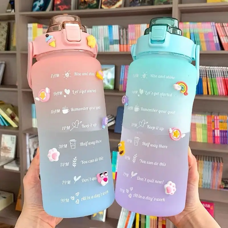 2L Portable Large-Capacity Leak-Proof BPA Frosted Cup Bounce Cover Time Scale Reminder Frosted Cup With Cute Stickers For