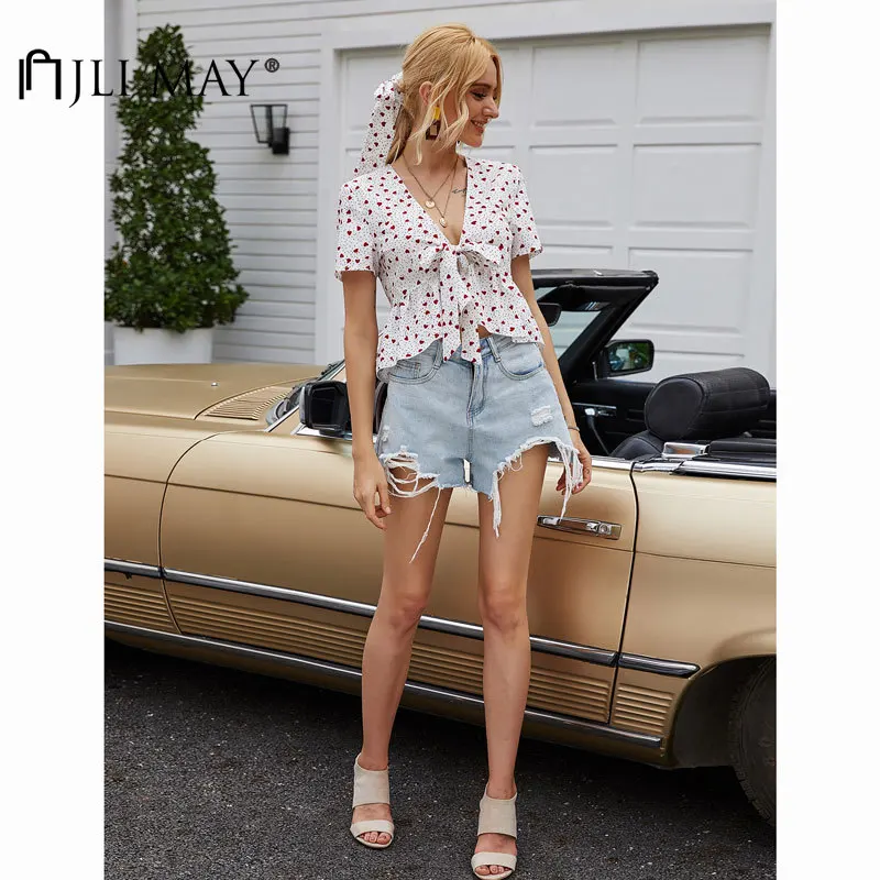

JLI MAY Women's Blouse Polka Dot Deep V-neck Short Sleeve Bandage Patchwork Ruffles Slim Summer Sweet Shirts