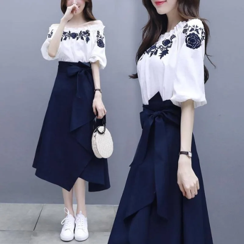 

Women A-line Embroidery Tshirts Short Sleeve White Tops + Geometric Elastic Waist Long Skirt Suit Summer Female 2 Piece Set