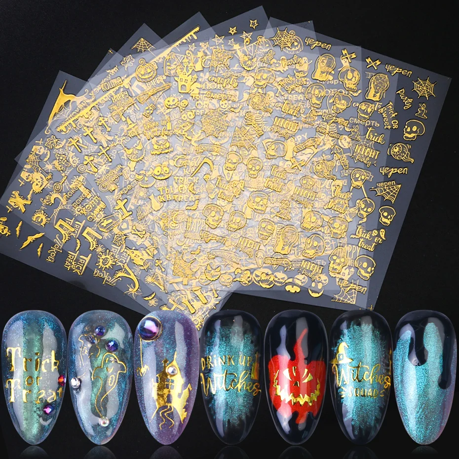 1 шт. золотистые 3D наклейки для ногтей Слайдеры Хэллоуина с черепом котом пауком