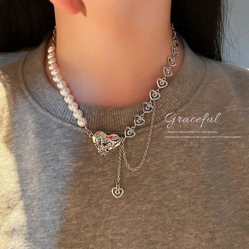 

Korean Fashion Simple Personality Hip Hop Pearl Love Tassel Net Red Temperament Design Sense Necklace