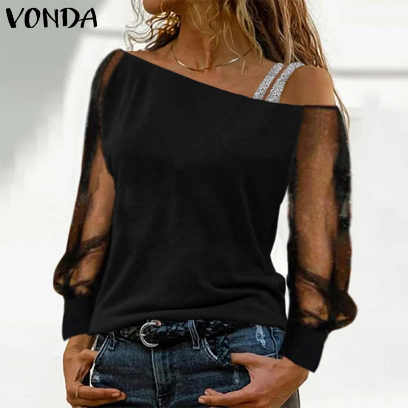 

Женские кружевные лоскутные блузки VONDA, дамские однотонные топы с вырезами, осенняя рубашка с длинным рукавом, женские блузки