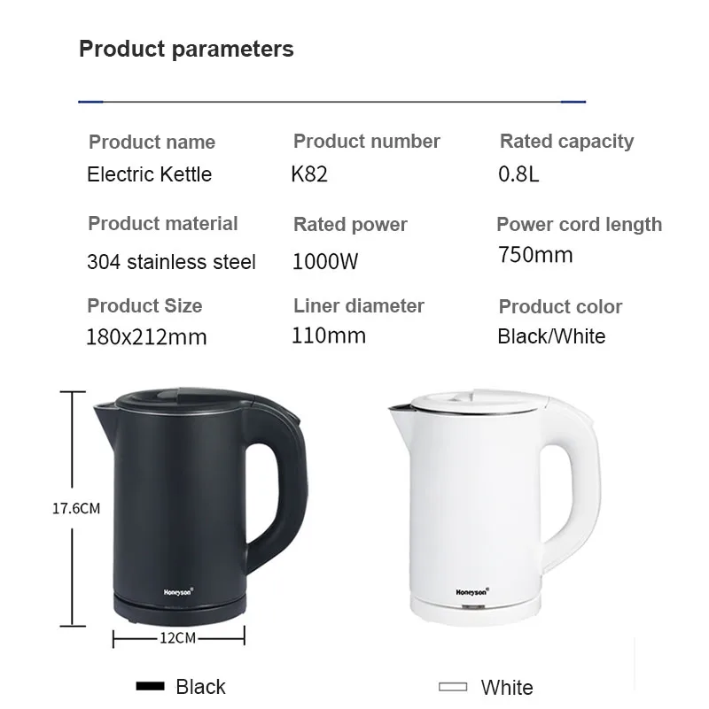 

1000W Electric Kettle Quickly Heating Teapot Seamless Liner 304 Stainless Steel Water Boiler Bouilloire Automatic Off 0.8L