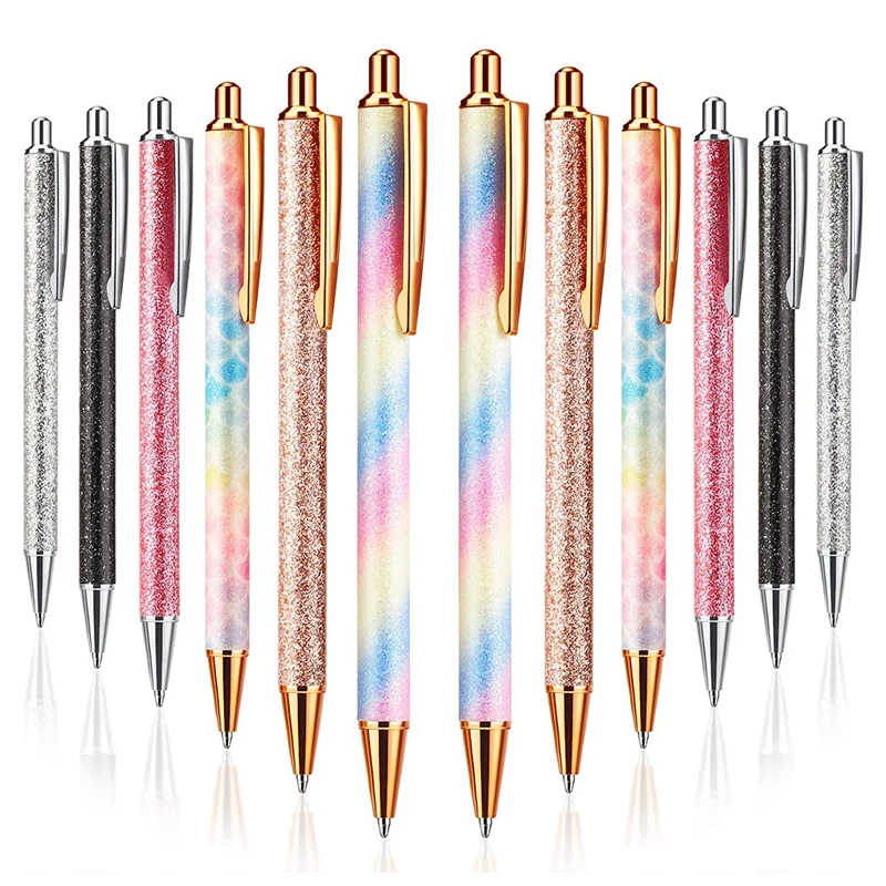 

12 шт. блестящие шариковые ручки, шариковая ручка цвета розового золота, металлическая блестящая ручка, выдвижные черные чернила, средняя то...