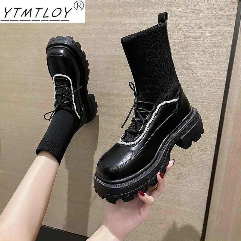 

Сапоги-носки женские из эластичной ткани с украшением из жемчуга, Нескользящие, на шнуровке спереди, элегантные женские эластичные ботильо...