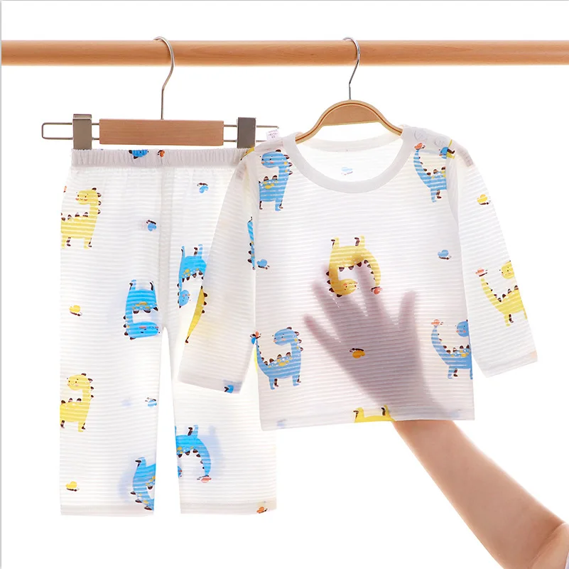 

Summer Cotton Boys Girls Long-sleeved Pajama Sets Thin Cartoon Korean Two Pieces Sets Anti-mosquito Kids Home Clothes for 1Y-7Y