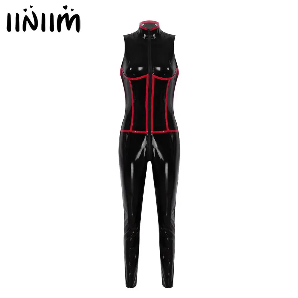 

Womens Femme Glossy Wetlook Leather Pole Dancing Costumes Zippered Bust Crotch Leotard Bodysuit Catsuit Fashion Latex Clubwear