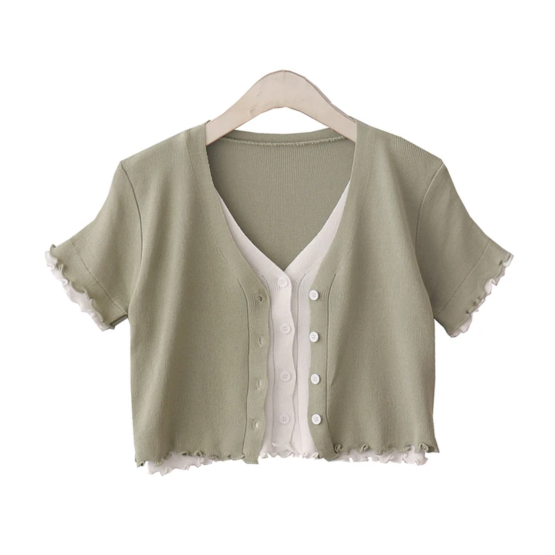 

Fake Two Pieces Sets Korean Contrast Color Knitted Blouses Women 2021 Summer New Fashion Casual Chic Sweet Short Sleeve Crop Top