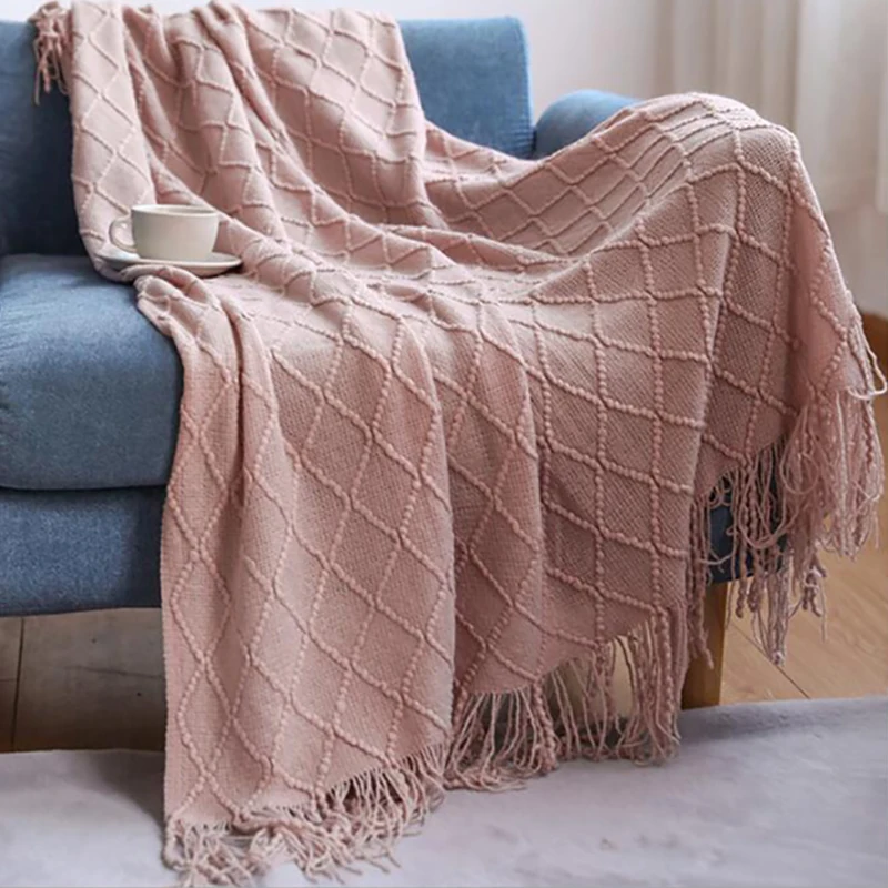 Manta de punto para cama, manta suave de Color s&oacute;lido para sof&aacute;, siesta para viajes, decoraci&oacute;n n&oacute;rdica, aire acondicionado, manta de punto-1