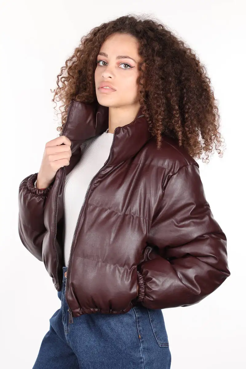 Burgundy Zipper Short Women 'S Leather Inflatable Coat