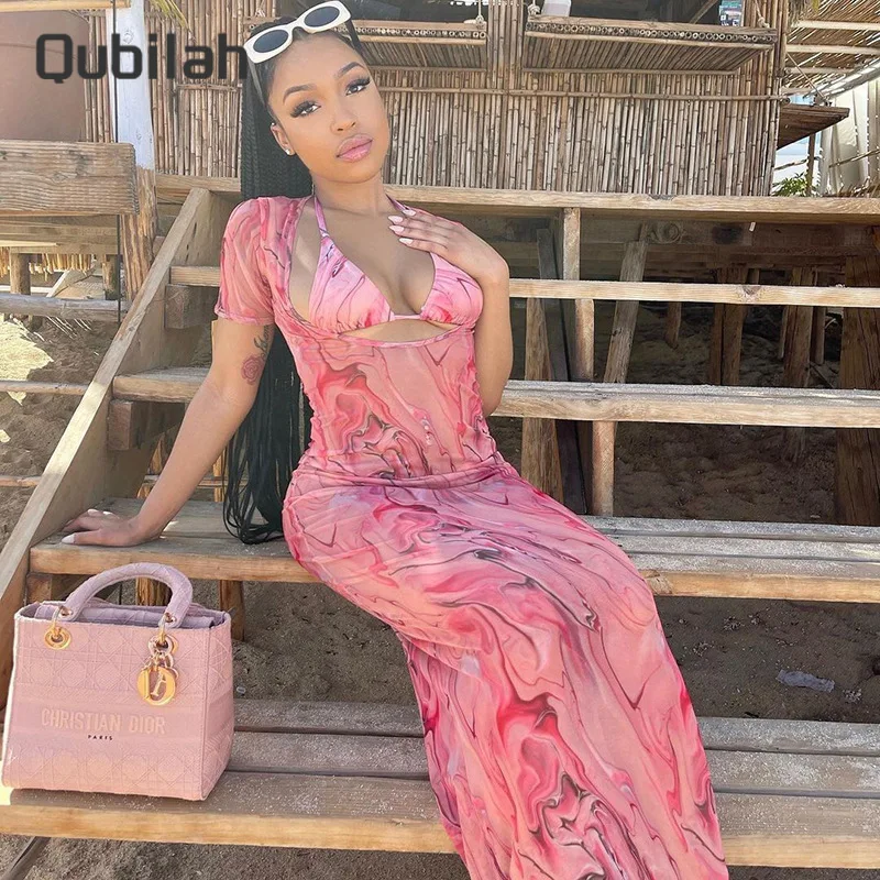 

Dresses Woman Summer 2021 Set 2 Pieces See Through Mesh Bandage Print Skinny Dress Streetwear Women's Swimwear 2021