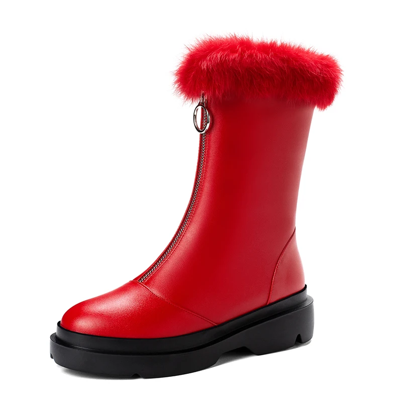 red Gdgydh Long Plush Inside Leather PU Snow Boots Plush Boots Women Warm Natural Fur Winter Boots Female With Zipper High Quality - Цвет: red