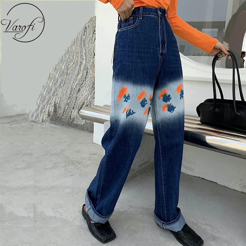 

Varofi Graffiti personality pant leg print loose high waist wide leg mop jeans trousers distressed jeans y2k baggy wide leg jean
