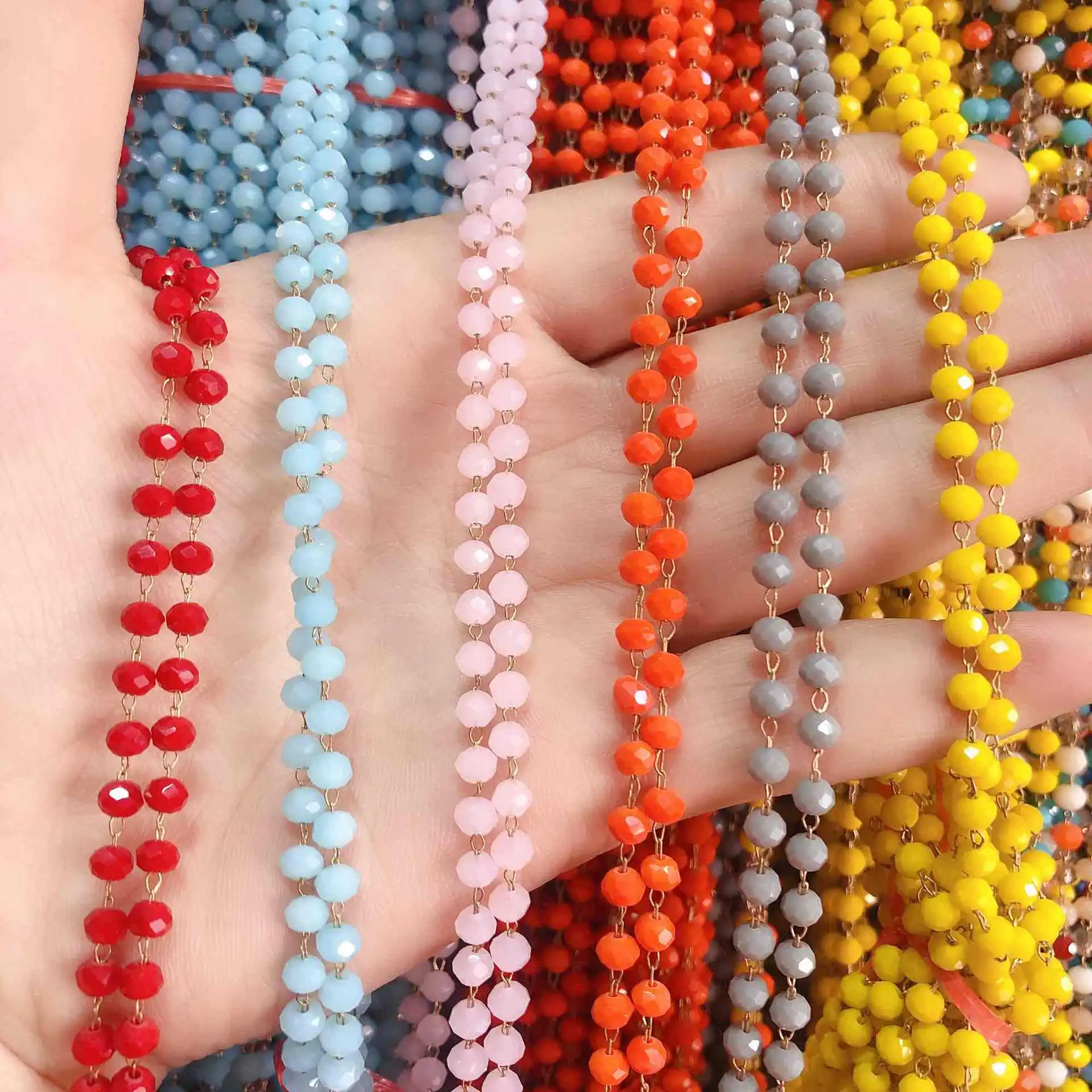 

1meter 4mm Pink Crystal Beads Beaded Chain Glass Beads Necklace Bracelet Chain for Jewelry Making Crafts DIY Wholesale