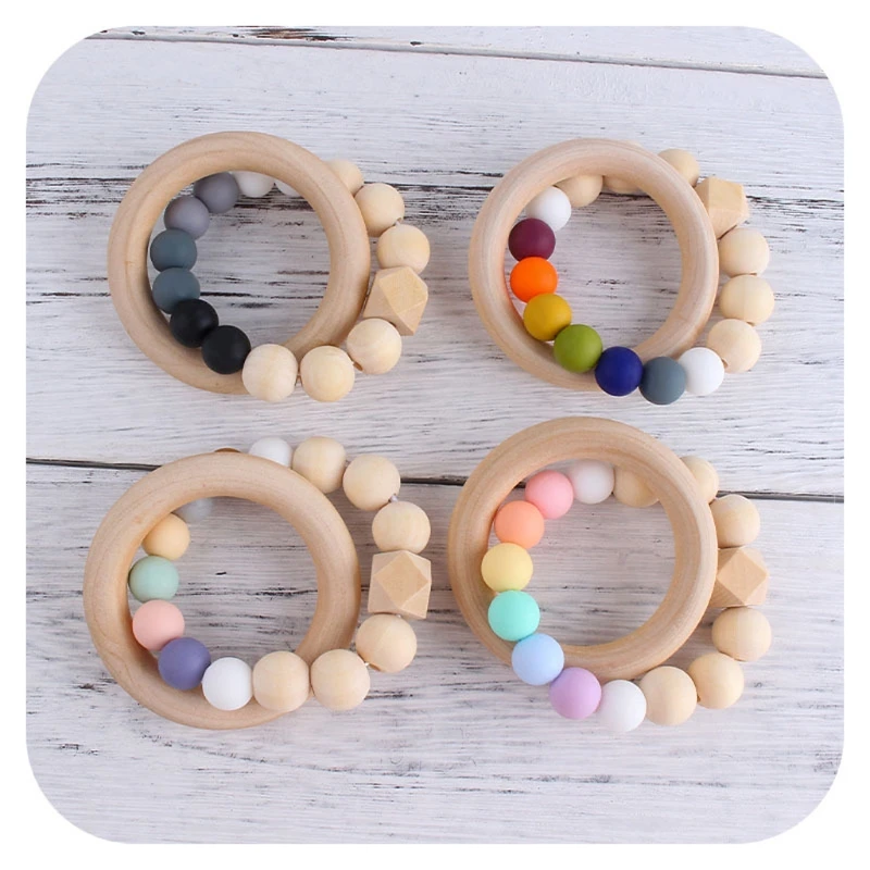 

Baby Nursing Bracelet Rainbow Silicone Teether Wood Teething Rattles Nursing Toy