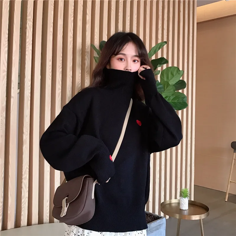 Autumn Winter Korean Sweet Turtleneck Sweaters Women Fashion Cute Love Heart Embroidery Loose Jumper Female All Match Knit Tops | Женская