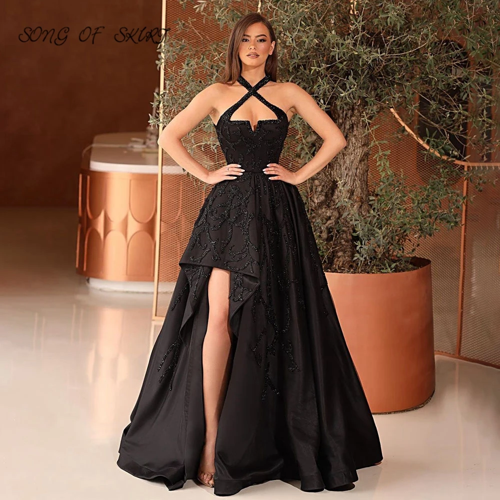

Черные сексуальные вечерние платья с перекрестной лямкой на шее, блестящее женское платье с высокой и низкой аппликацией, официальное плат...