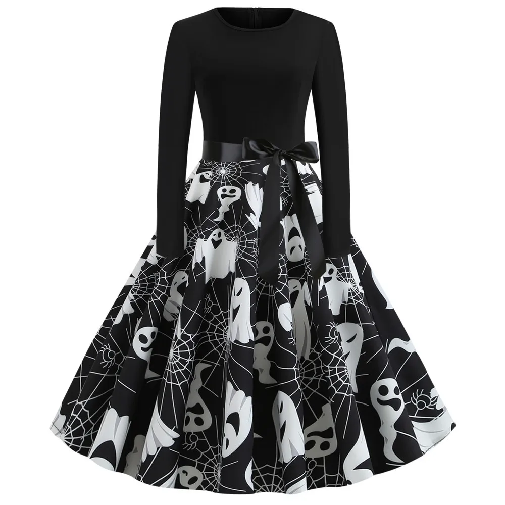 

Pumpkin Print Dress Halloween Women Clothes Print Vintage Party Dresses Plus Size Elegant Fashion Girl Gothic 2021