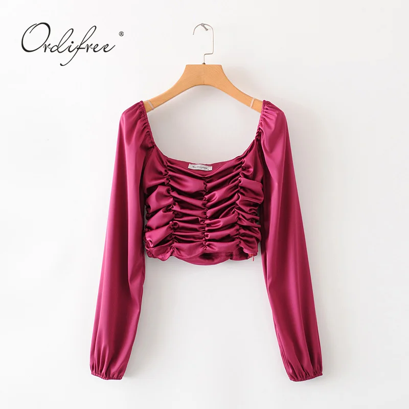 

Ordifree 2021 Summer Women Satin Blouse Sexy Tops Long Sleeve Short Silk Blouse Shirt