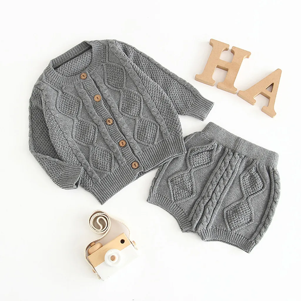 0-24M Knitting Girls Clothing Sets Pure Cotton Knit Suit Long Sleeved Jacket Shorts Two Pieces Girls Clothes Girls Clothing Sets