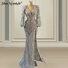 Женское вечернее платье с V-образным вырезом, роскошное серебристое кружевное платье с разрезом сбоку, бальное платье для выпусквечерние вечера, 2022