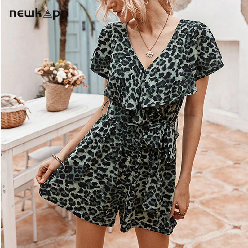 Женский сексуальный комбинезон с леопардовым принтом короткий женский завязкой