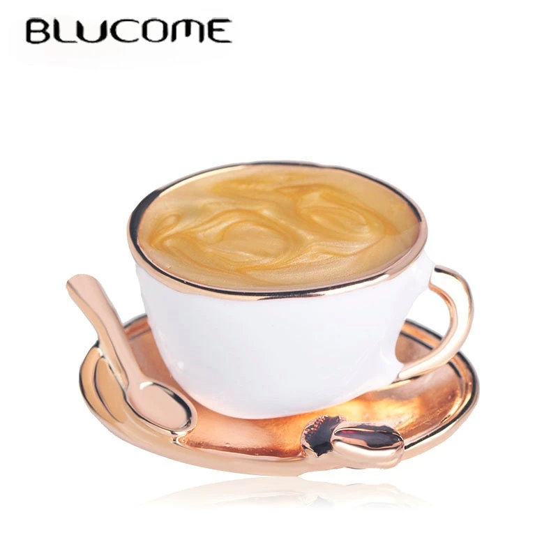 Мужская/женская брошь в форме чашки кофе Blucome, белая брошь в форме ложки, аксессуар для одежды, костюма, пальто, золотой цвет эмали